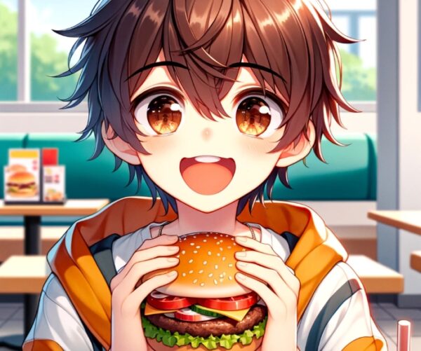 ハンバーガーを食べようとしている男の子の画像