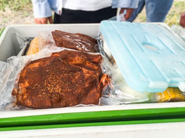 バーベキュー用に用意された大きなお肉のパックと保冷材の画像